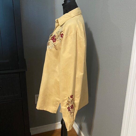 Faux Suede Shirt Womens L Embroidered Floral Y2K Tan Western Boho Cowgirl - Picture 6 of 8